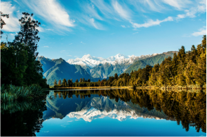 A foto mostra uma das paisagens da Nova Zelândia. Um lago, ao centro, é cercado por pinheiros, e muitos picos nevados desenham o fundo da paisagem. A montanha é refletida nas águas claras do lago em conjunto com o azul luminoso do céu.