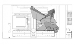 Descrição da imagem: a imagem mostra a planta do lado oeste do Museum Toronto, onde pode se ver na direita o desenho totalmente diferente e retangular da fachada de Crystal e do lado esquerdo a arquitetura tradicional Vitoriana.